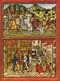 fol. 206r; Gian Maria Sforza of Milano, bishop of Genoa, travels to Zurich to hire mercenaries; Jörg Supersaxo, a traitor bribed by the Milanese, is arrested at the fish market of Lucerne.