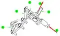 The petals are locked in place for launch by a pin (1) inserted through a fitting (2) on the M/D Center Section clevis (3). Release is effected by a T-handle (4), which is pulled (5) away from the ACBM. It can be re-locked by pushing (6) the pin back into the fitting.[6]