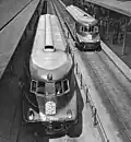 Railcars M 290.001 and M 290.002 in train station Přerov during a demonstration ride