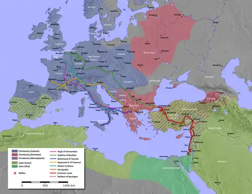 A map showing the route taken by the crusader armies
