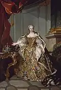 Louis Tocqué, 1740, Portrait of Marie Leszczyńska (1703–1768), Queen of France, oil on canvas, 191&nbsp;cm ×&nbsp;277&nbsp;cm (75&nbsp;in ×&nbsp;109&nbsp;in), The Louvre, Paris