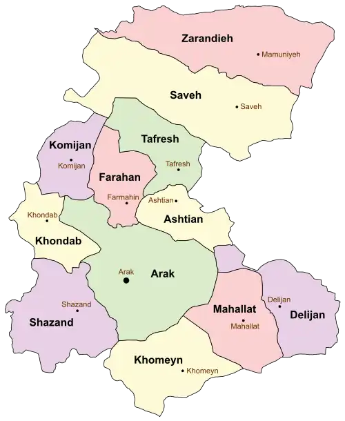 Location of Tafresh County in&nbsp;Markazi&nbsp;province (top center, green)