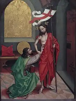 Kneeling and touching, Martin Schongauer and workshop, panel from a late 15th-century altarpiece