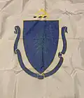 Variant of the state flag with a blank scroll and state military crest on the reverse side.