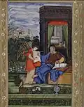 Saint Matthew writing the Gospel with an angel holding the volume, an Islamic miniature c. 1530 by Kesu Das for the Mughal king