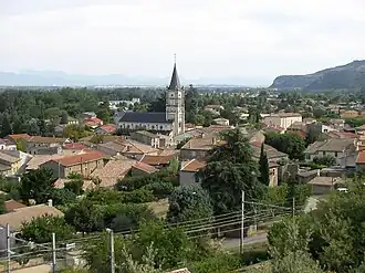 The church and surrounding buildings in Mauves