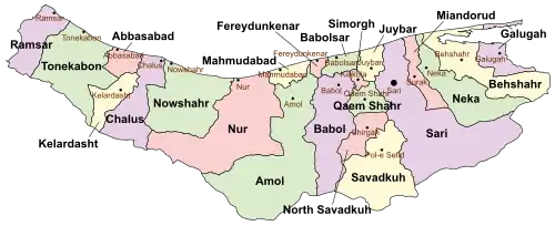 Location of Simorgh County in&nbsp;Mazandaran&nbsp;province (center&nbsp;right,&nbsp;pink)
