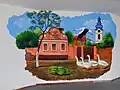 Mural in the Cultural Center, a gift from famous naive painters from Kovačica