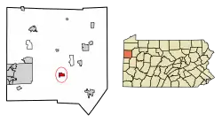 Location of Mercer in Mercer County, Pennsylvania.