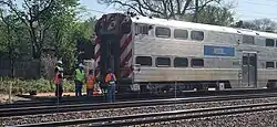 Metra Cab Car No. 8473 having its plow cut off after the Clarendon Hills crash.