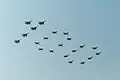 Su-27SM3, Su-25SM and MiG-29 crews perform at an air show in honour of the 100th anniversary of the Russian Air Force in Zhukovsky, August 12, 2012