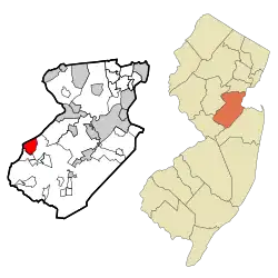 Map of Kendall Park CDP in Middlesex County. Inset: Location of Middlesex County in New Jersey.