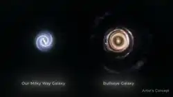 This illustration compares the size of our own Milky Way galaxy to gargantuan galaxy LEDA 1313424, nicknamed the Bullseye. The Milky Way is about 100,000 light-years in diameter, and the Bullseye is almost two-and-a-half times larger, at 250,000 light-years across. NASA, ESA, Ralf Crawford (STScI)