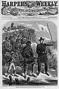Training with the Minié rifle during the American Civil War, 1863. The caption reads: "Teaching the negro recruits the use of the Minié rifle"