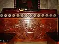 The wooden compartment where the relics of the nine patriarchs are kept, below the pipes where the three shrines are kept.