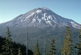 A large conical volcano.