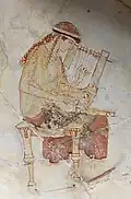 Muse tuning two phorminges. The phorminx was an intermediate stage, as the cithara developed from the lyre. Detail from an Attic white-ground cup from Eretria, c. 465 BC.