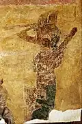 Circa 1000 A.D., Kyiv, Ukraine. Musicians in the Saint Sophia Cathedral with wooden trumpets, a kobza and a psaltery played upright as a harp.