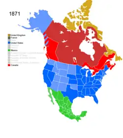Map showing Non-Native American Nations Control over N America c. 1871