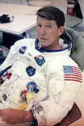 Wally Schirra wears his Speedmaster on a pre-flight watchband (Apollo 7)