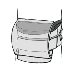 The structure of the common taiko musubi (drum knot). The obijime is shown in mid-shade grey, the obiage in dark grey. The obimakura is hidden by the obiage.