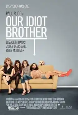 Three women sitting close together on a couch, and a long-haired bearded man lying on the couch taking up most of the space. A dog peers over the back of the couch.
