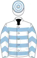 White, light blue hoops, chevrons on sleeves, hooped cap