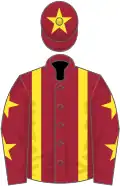 Maroon, yellow braces, maroon sleeves, yellow stars, maroon cap, yellow star