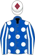 Royal blue, white spots, striped sleeves, white cap, maroon diamond
