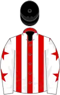 Red and white stripes, white sleeves, red stars, black cap