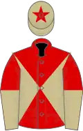 Red and beige diabolo, halved sleeves, beige cap, red star