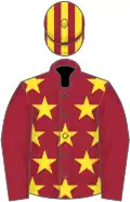 Maroon, yellow stars, maroon sleeves, striped cap