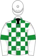 White and green check, white sleeves, green armlets, white cap
