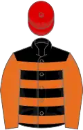 Black, Orange hoops and sleeves, Red cap