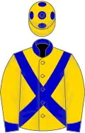 Gold, blue cross belts, collar, cuffs and spots on cap