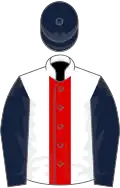 White, red stripe, dark blue sleeves and cap