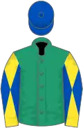 Emerald green, yellow and royal blue diabolo on sleeves, royal blue cap