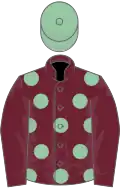 Claret, eton blue spots on body, blue cap