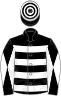 Black, white hoops, black sleeves, white diabolo, hooped cap