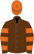 Brown, orange hooped sleeves, orange cap