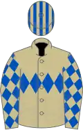 Beige, royal blue triple diamond and diamonds on sleeves, striped cap