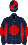 Dark blue, red disc, diabolo on sleeves, quartered cap