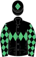 Black, emerald green triple diamond, diamonds on sleeves, black cap, emerald green diamond