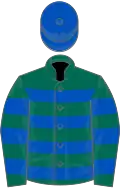 Dark green, royal blue hoops, royal blue cap