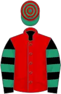 Red, black and emerald green hooped sleeves, emerald green and red hooped cap
