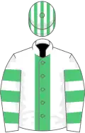 White, emerald green stripe, hooped sleeves, striped cap