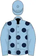 Light blue, dark blue spots, light blue sleeves, light blue cap