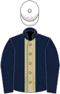 Dark blue, beige panel, white cap