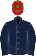 Dark blue, red cap, green spots