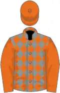 Grey and orange diamonds, orange sleeves and cap